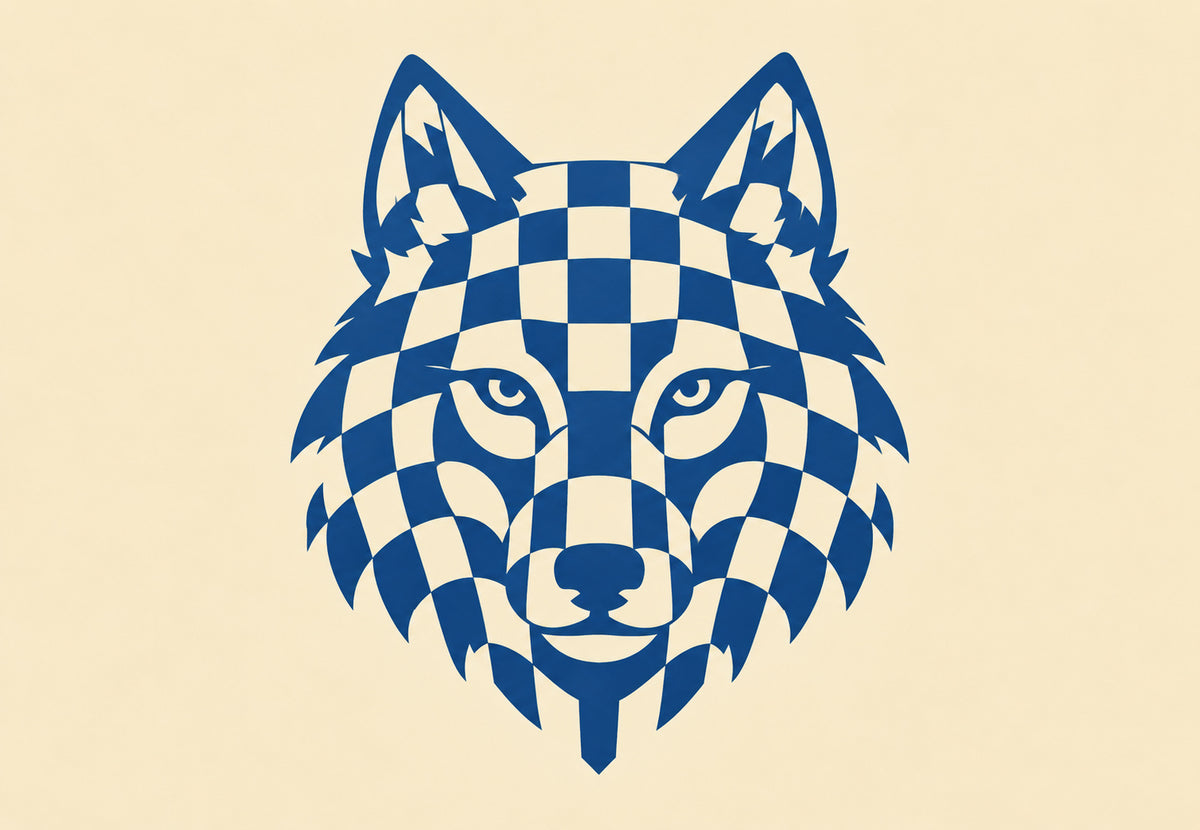Wolf head in blue and cream checkerboard (Landscape)