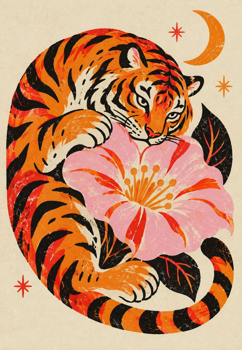 Tiger curled around a pink flower
