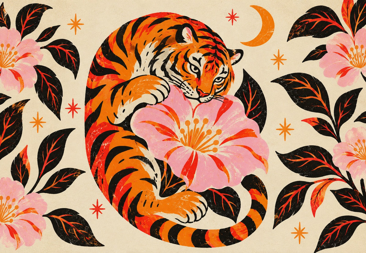 Tigre avvolta attorno a un fiore rosa (Orizzontale)