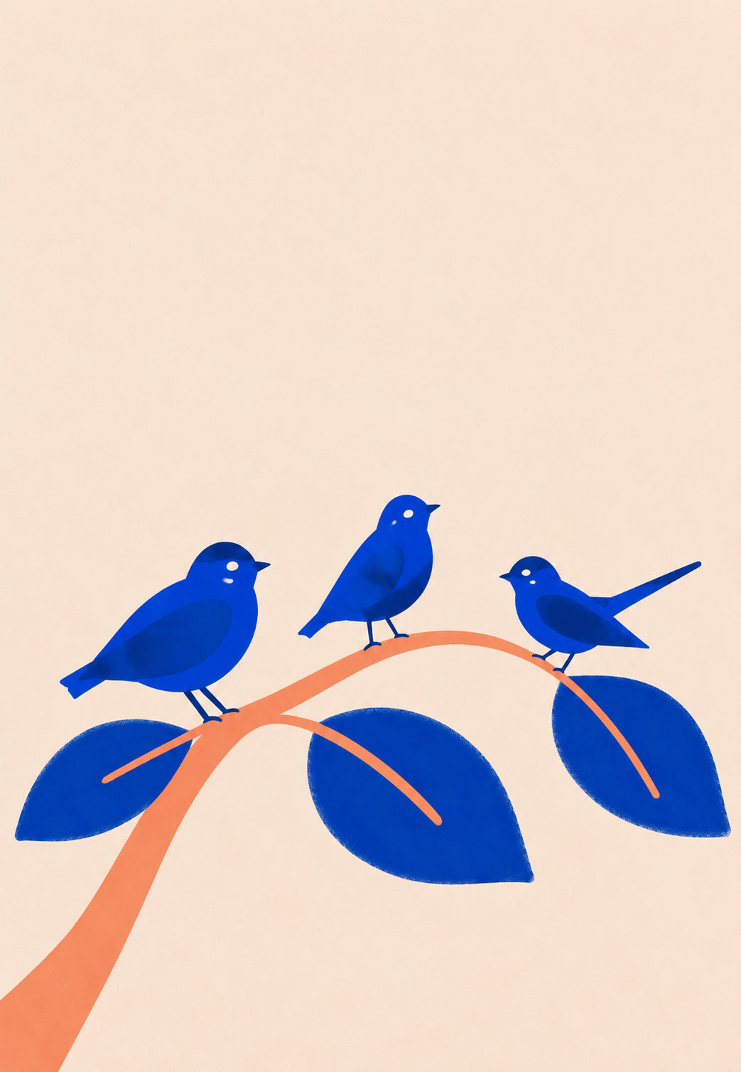 Trio blauer Vögel auf einem Ast