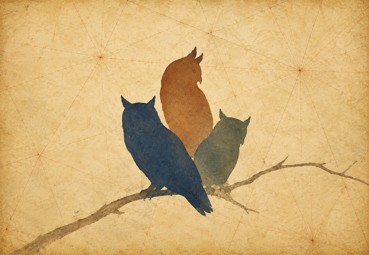 Three Owls on an Old Map (Landscape)