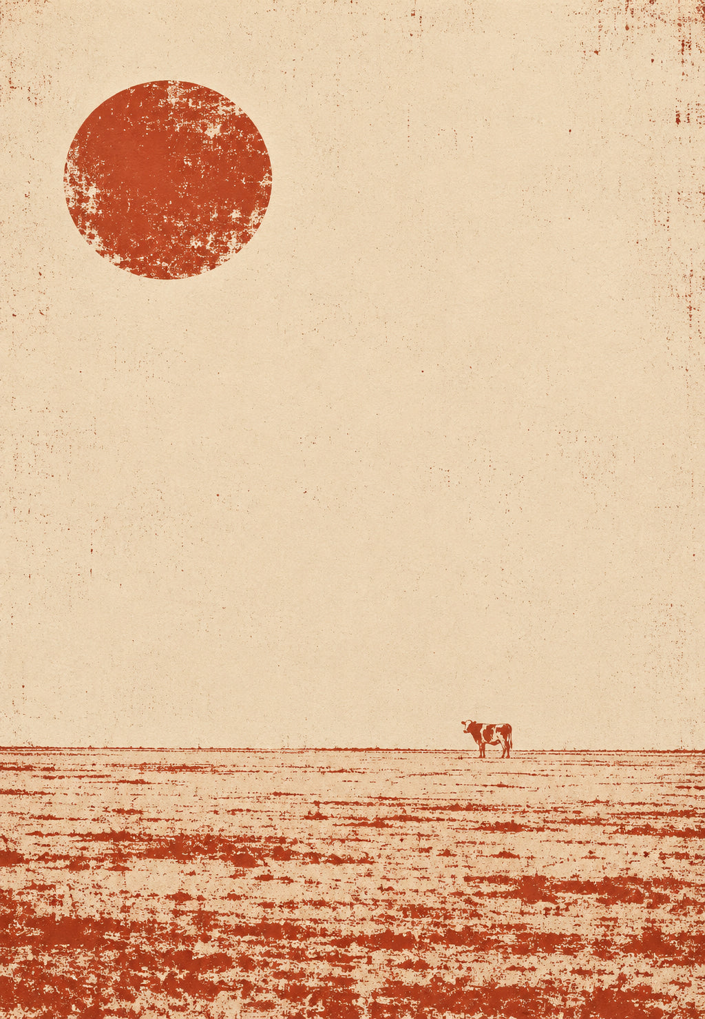 Einsame Kuh unter roter Sonne