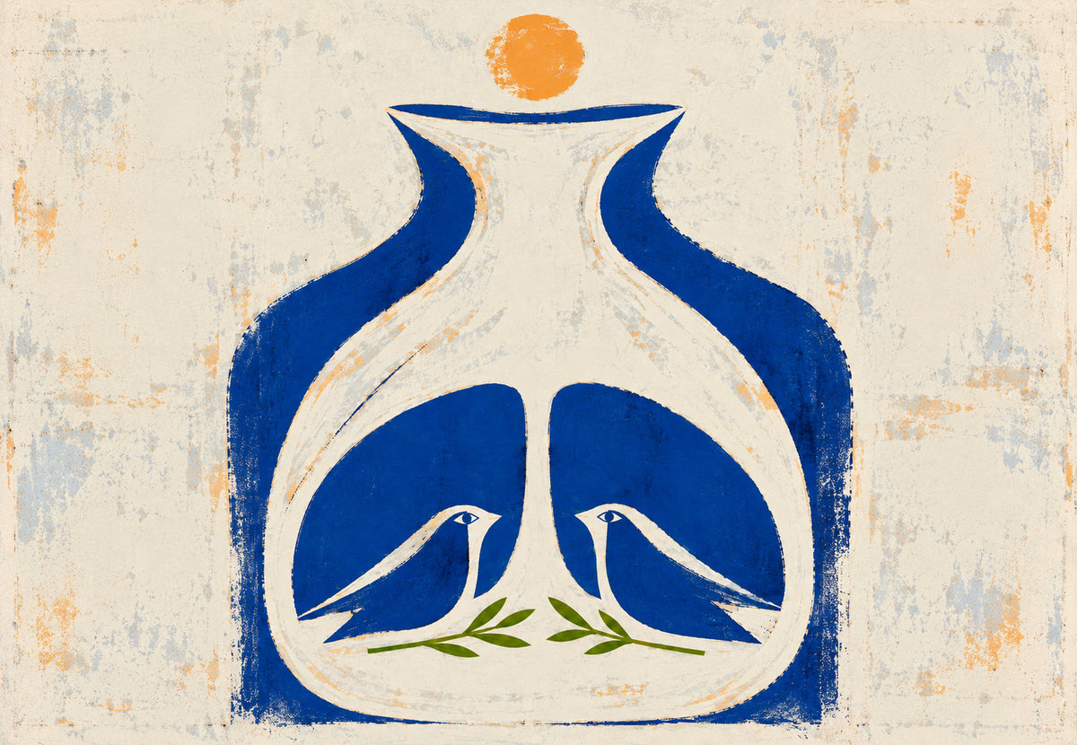 Blaue Vase mit Tauben (Querformat)