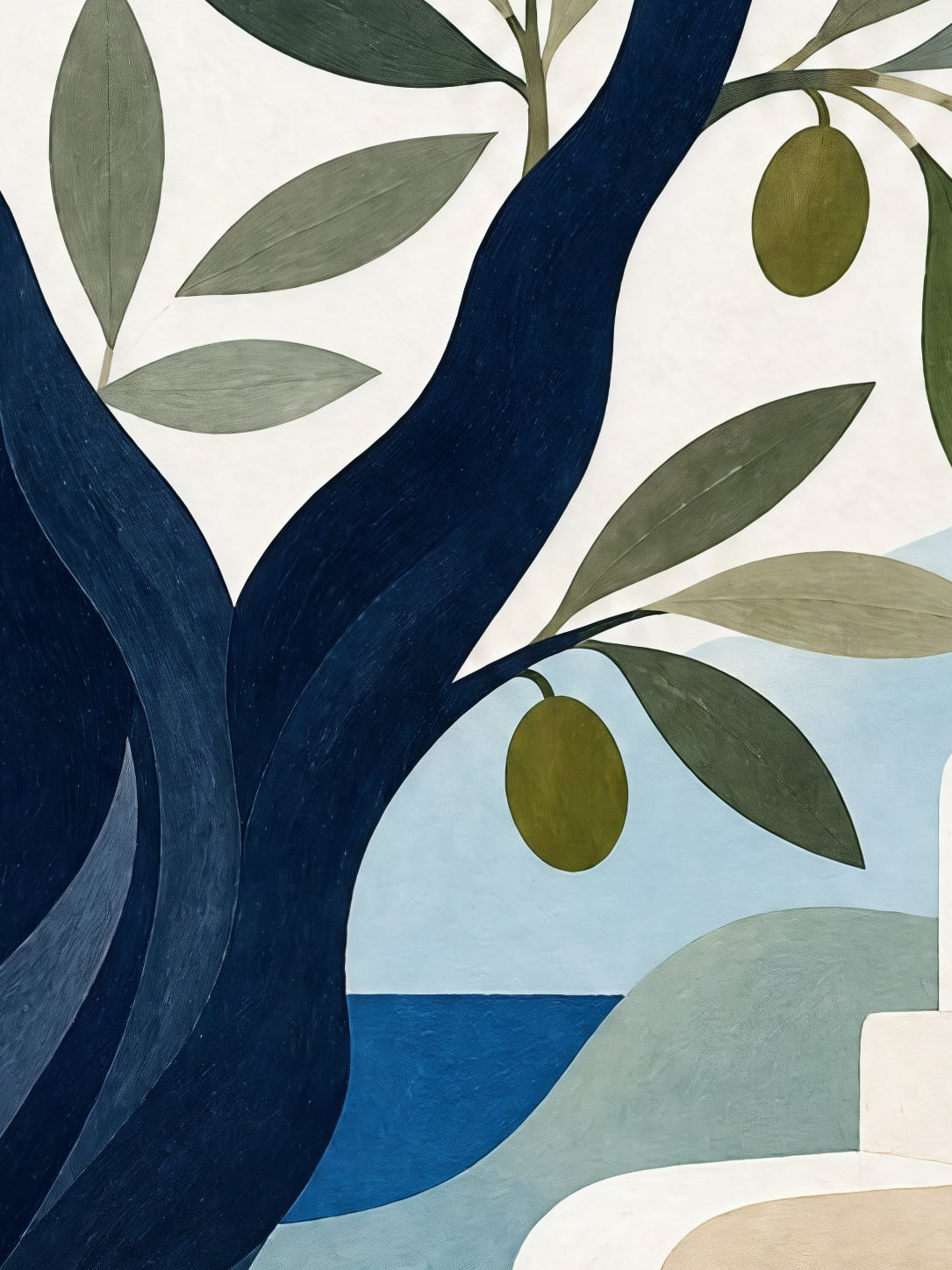 Detail a taille reelle du tirage, affiche arbre l olivier au dessus des terrasses