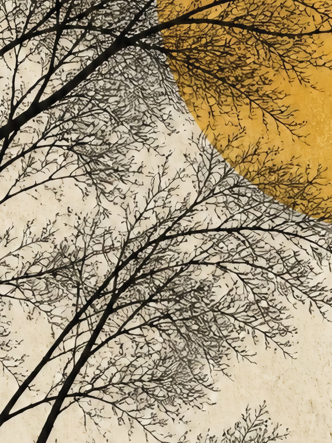 Detail a taille reelle du tirage, affiche arbre les arbres nus sous les deux soleils