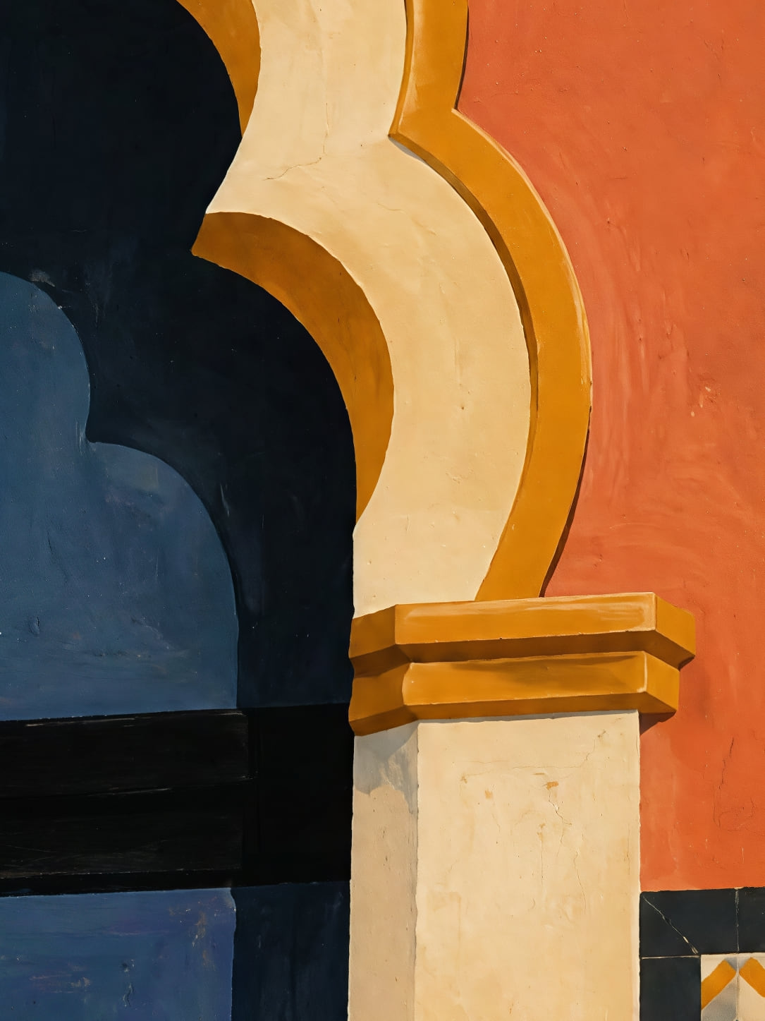 Detail a taille reelle du tirage, affiche architecture arche bleue et balcon de seville