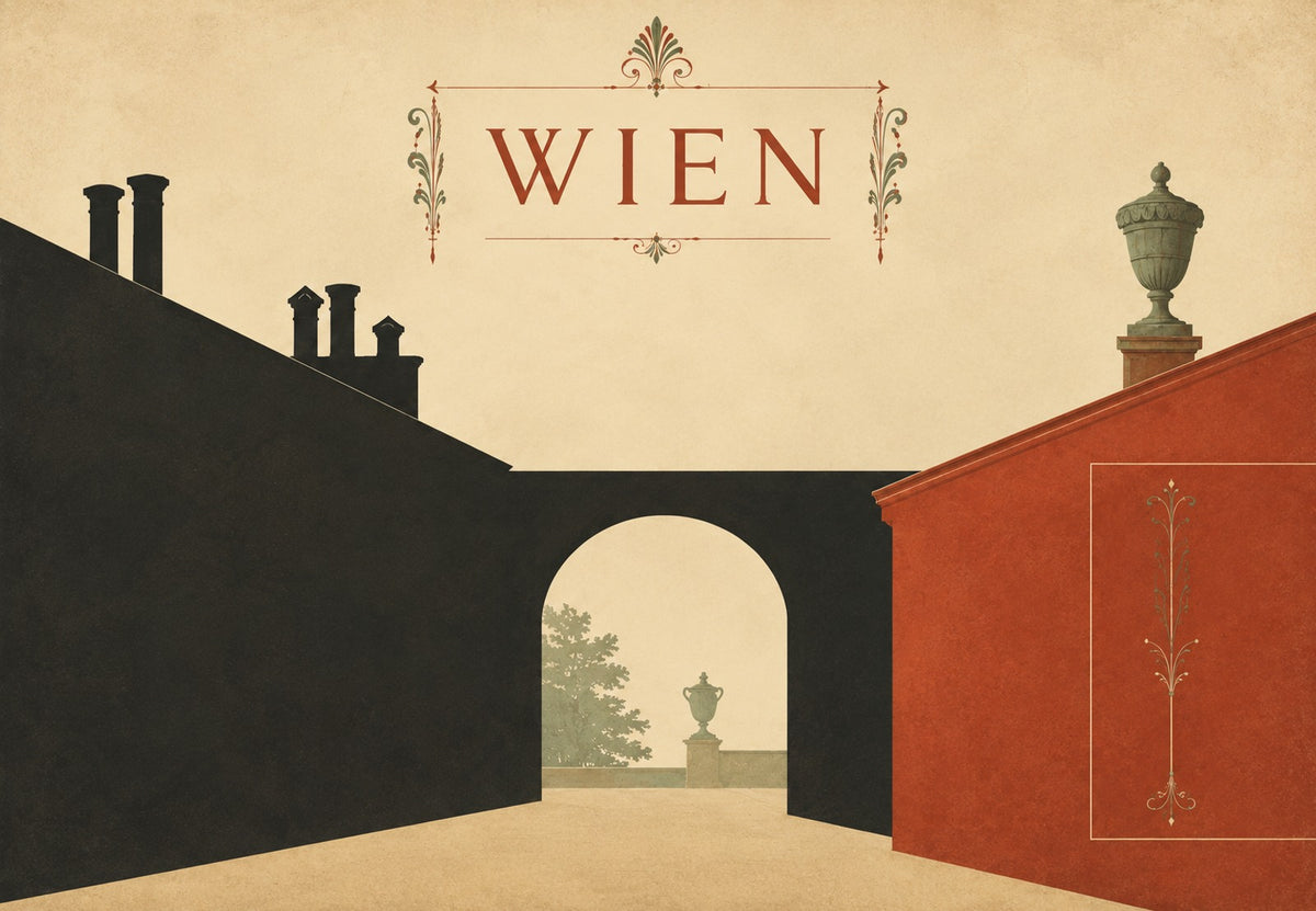 Torbogen zwischen zwei Fassaden und Steinurnen (Querformat)