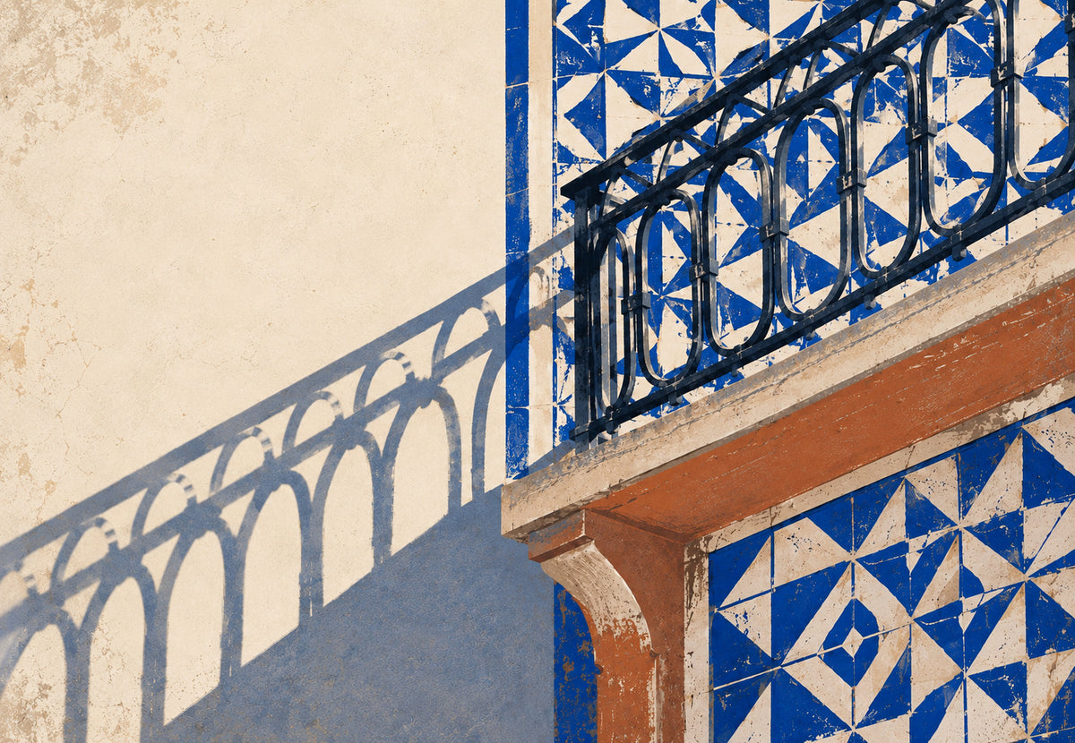 Wrought Iron Balcony on Blue Azulejos (Landscape)