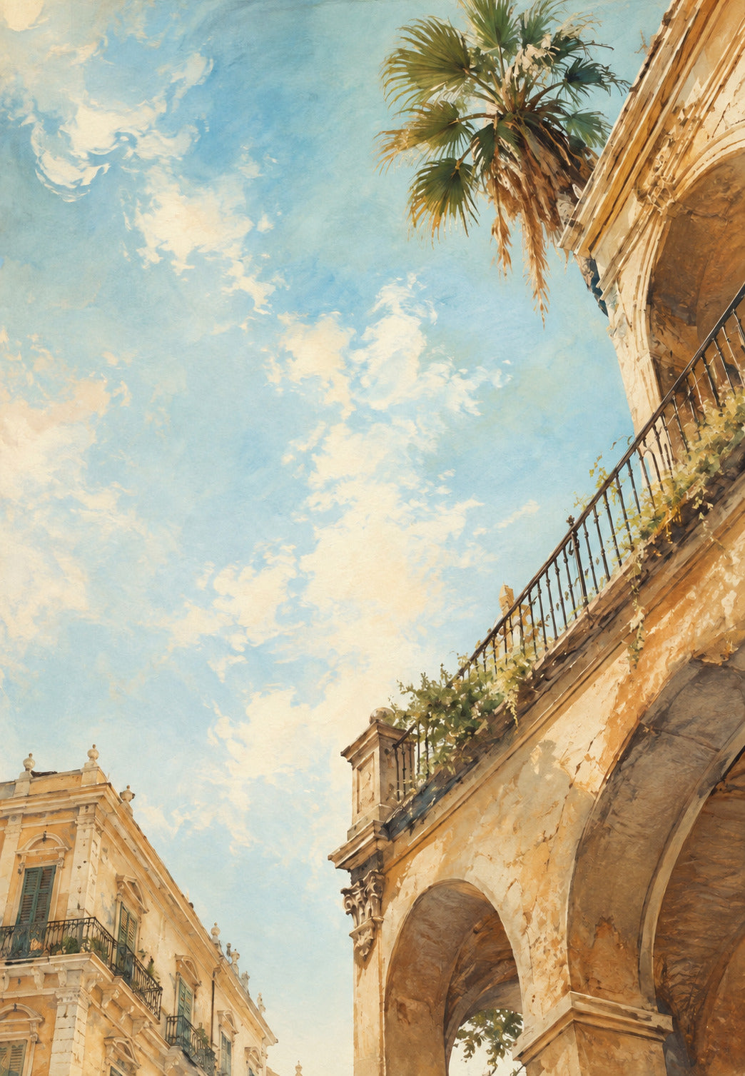 Balcony and Palm Tree Above the Arcades of Palermo