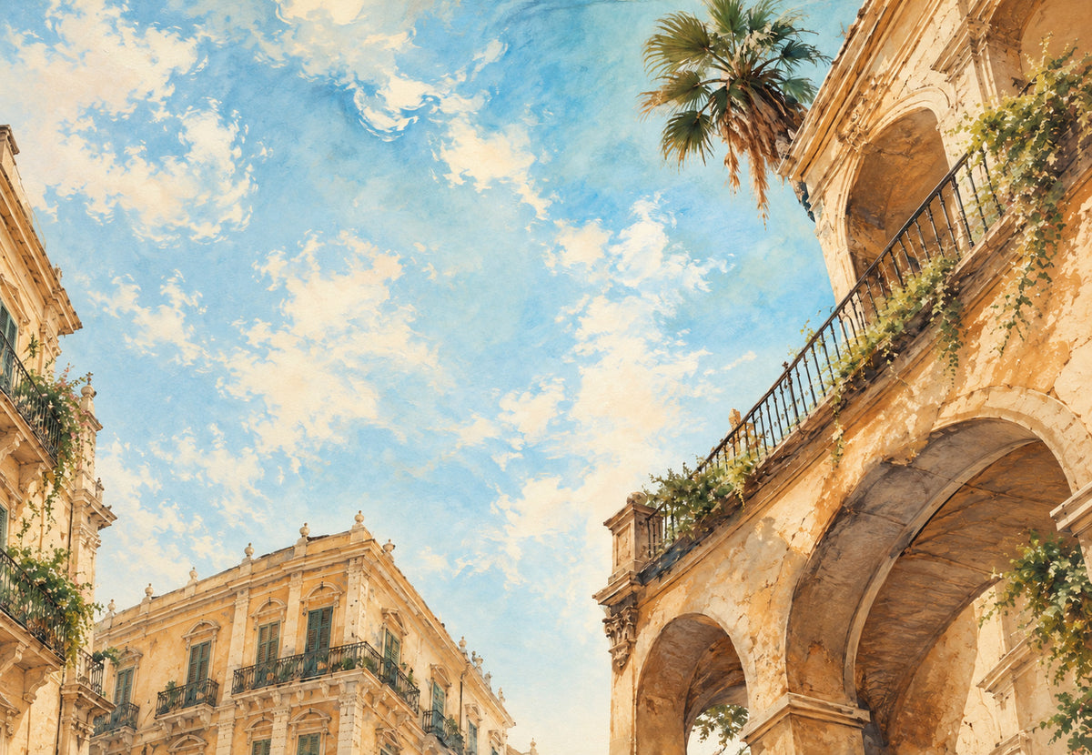 Balcon et palmier sur les arcades de Palerme (Paysage)
