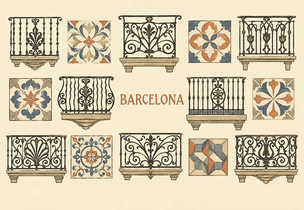 Schmiedeeiserne Balkone und Fliesen von Barcelona (Querformat)