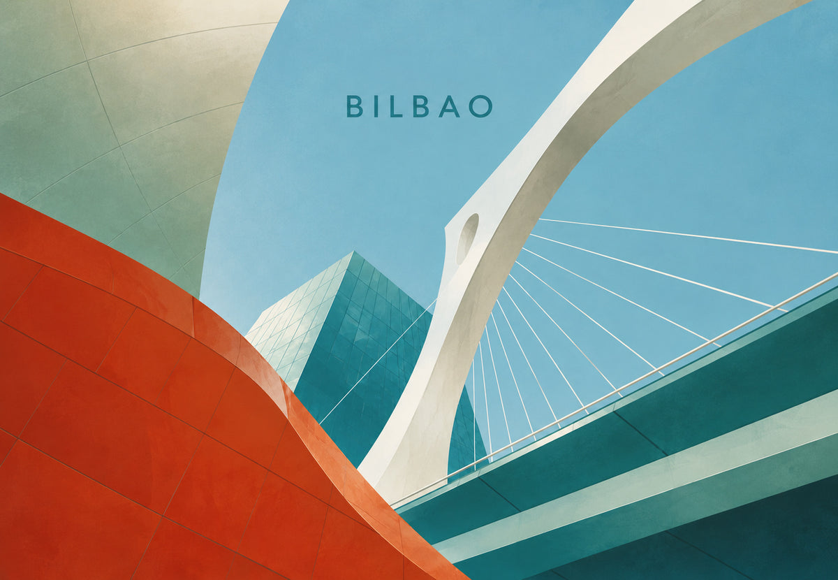 Bilbao, weiße Brücke und Glasturm (Querformat)