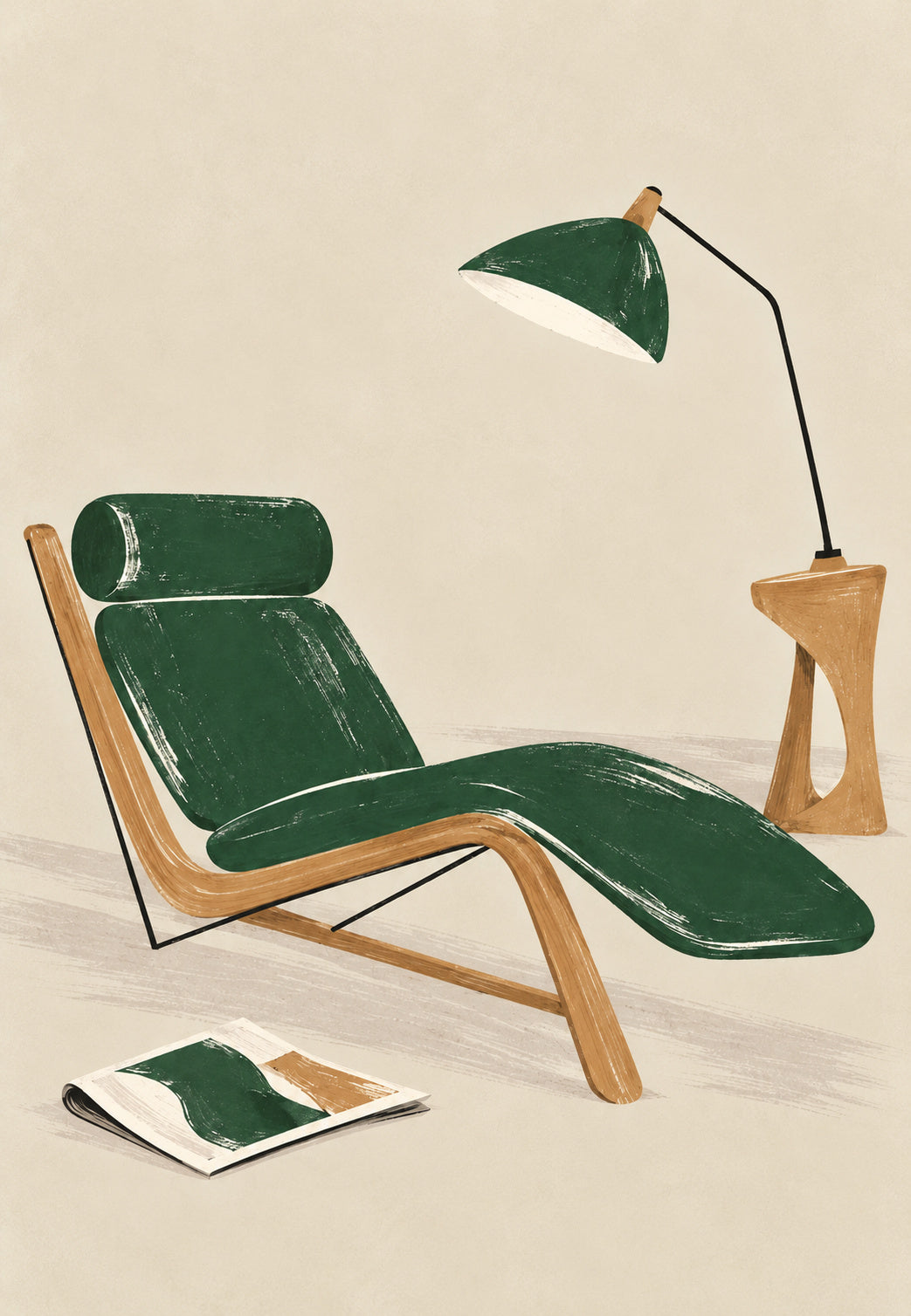 Grüne Chaiselongue und Leselampe