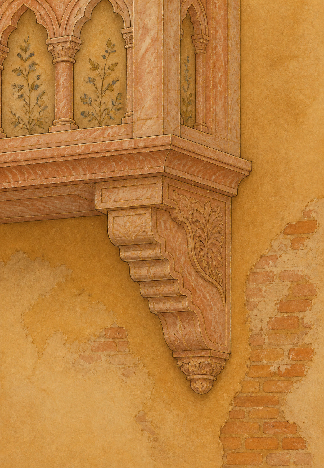 Console de balcon en marbre sur mur de brique