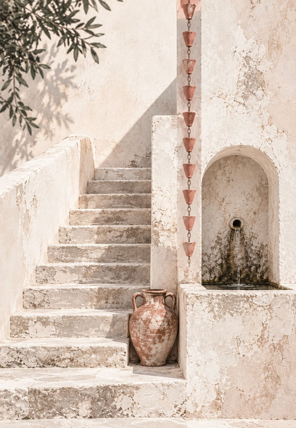 Stone Staircase and Fountain Beneath the Olive Tree