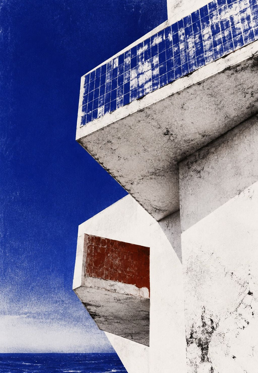 Betonfassade mit blauen Fliesen
