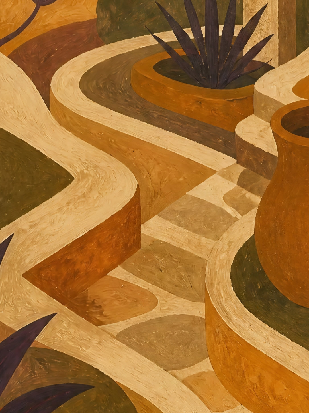 Detail a taille reelle du tirage, affiche architecture jarres et agaves sous la lune orange
