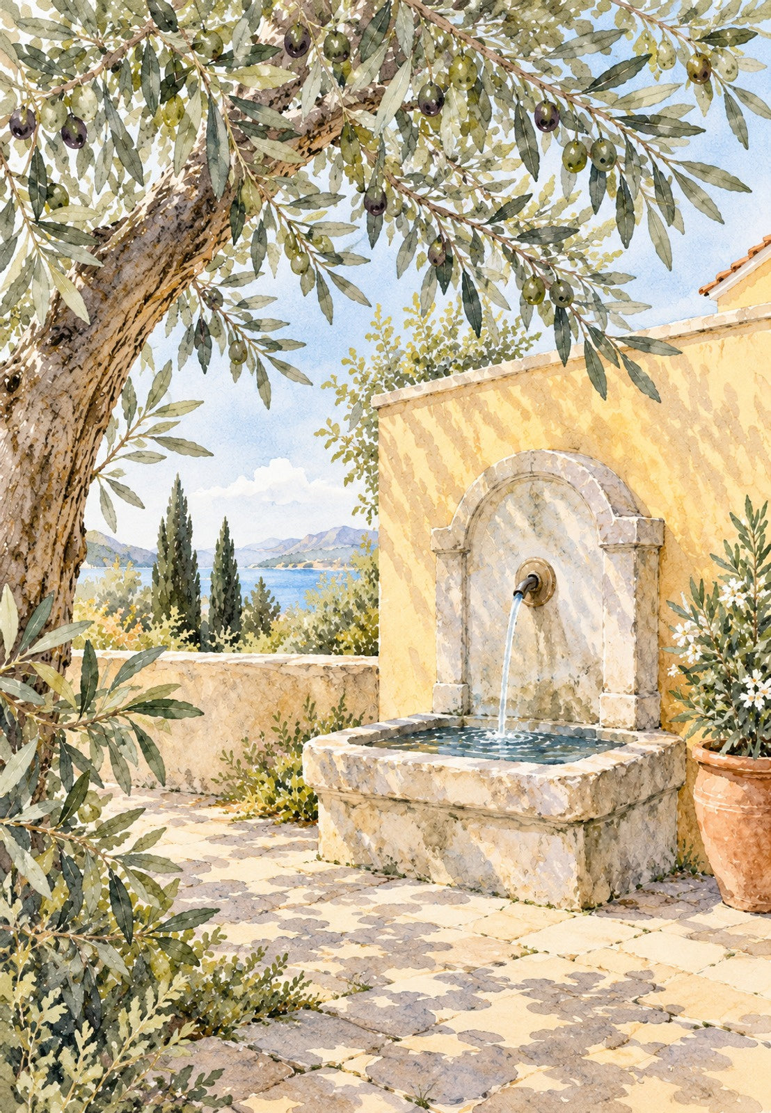 La fontaine derrière le feuillage