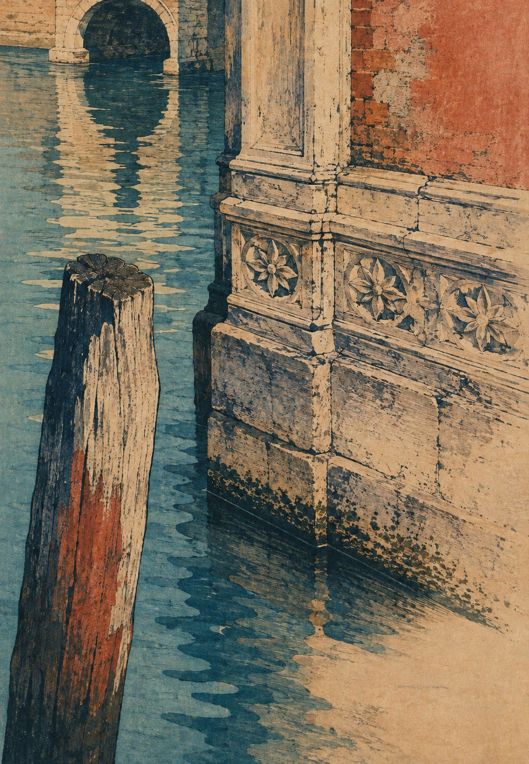 The Wooden Mooring Post and the Carved Facade of the Grand Canal