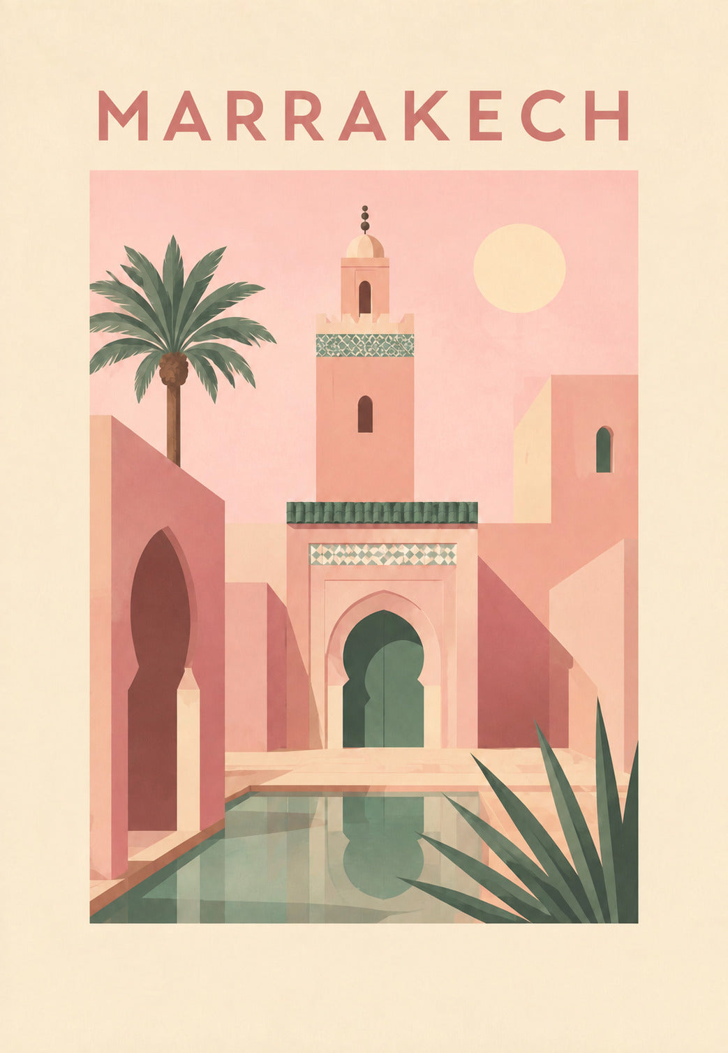 Rosafarbenes Minarett und Becken von Marrakesch