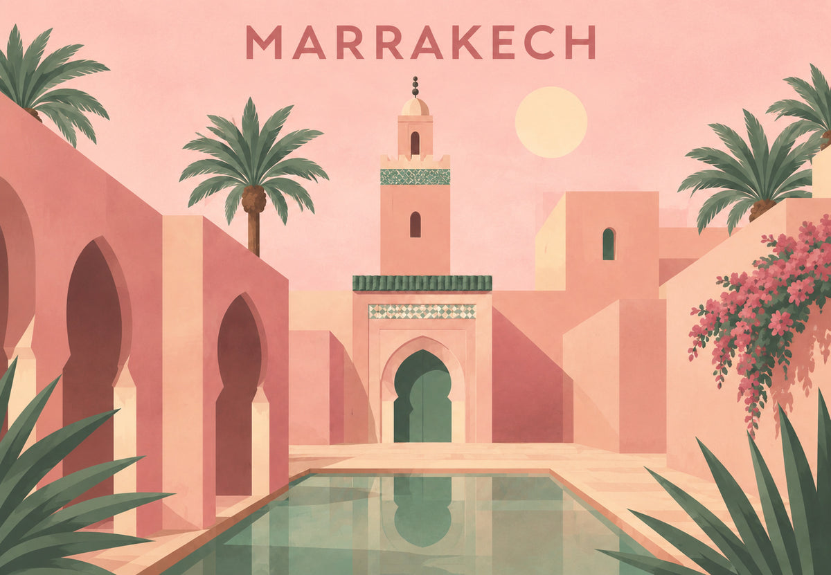 Roze minaret en waterbekken van Marrakech (Liggend)