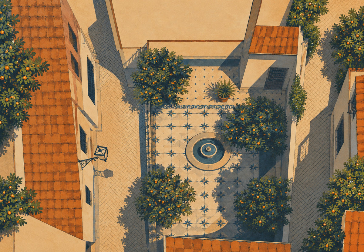 Orange Tree Courtyard and Fountain Seen From Above (Landscape)