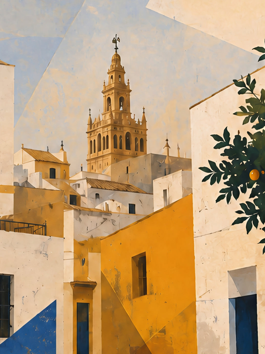 Detail a taille reelle du tirage, affiche architecture seville vue a travers un porche ocre et bleu