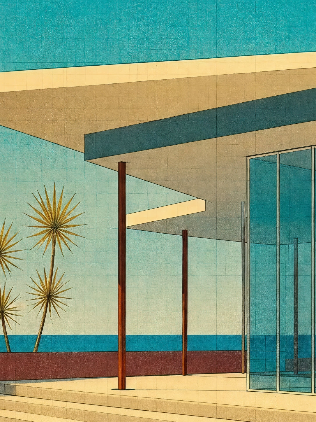 Detail a taille reelle du tirage, affiche architecture villa mid century et piscine