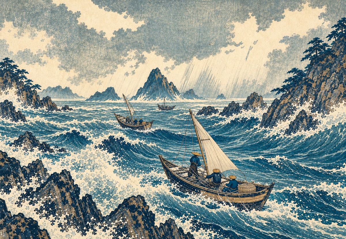 Barques dans la tempête, estampe (Paysage)