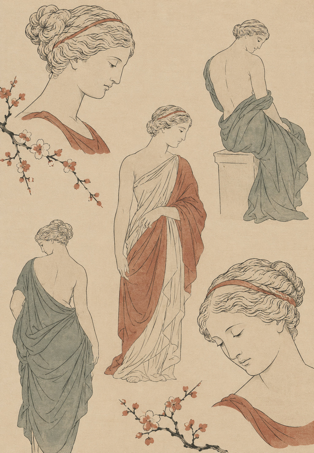 Schizzi di silhouette antiche e fiori di ciliegio
