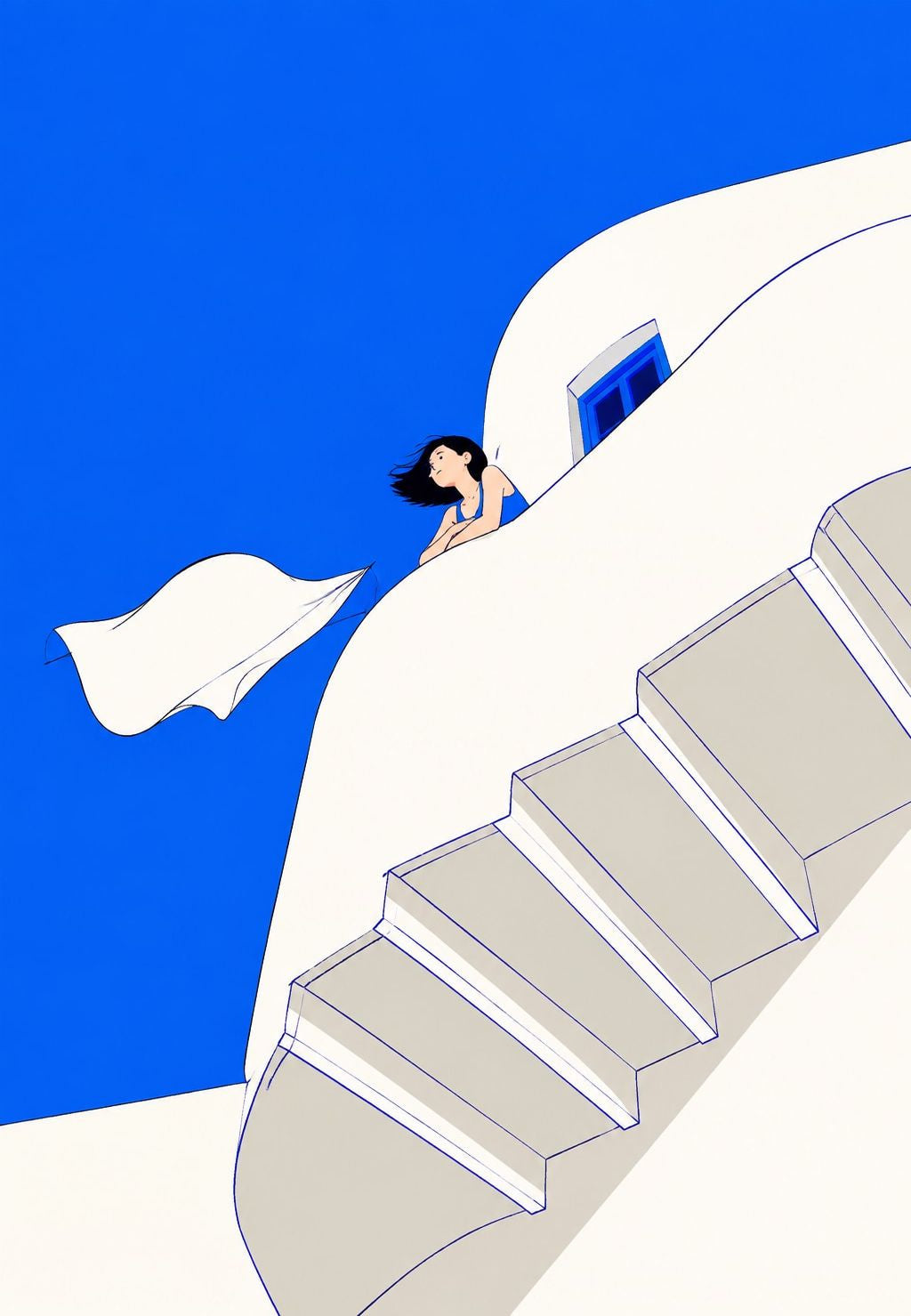 Escalier blanc et drap dans le vent
