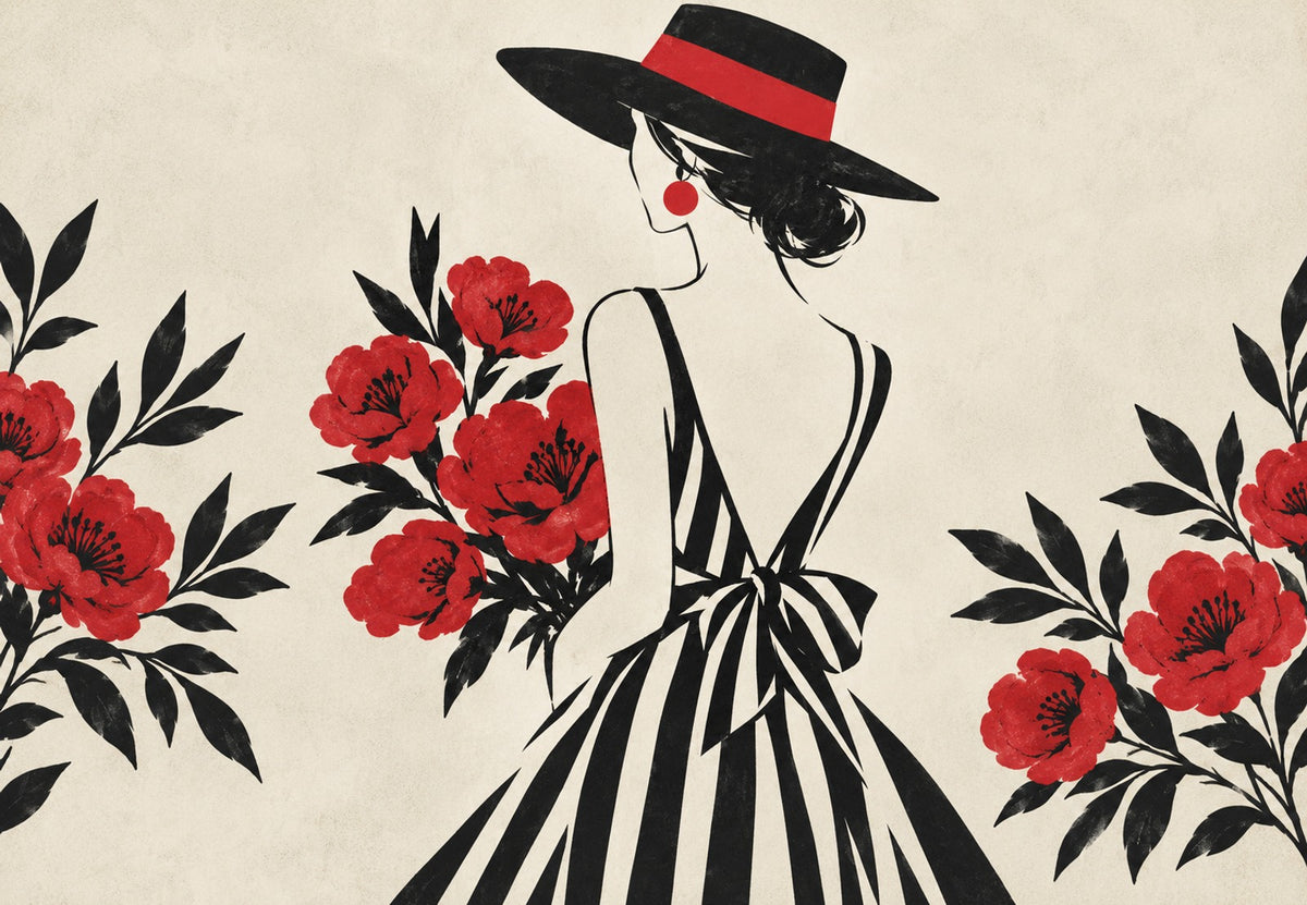 Donna con cappello e bouquet di peonie (Orizzontale)