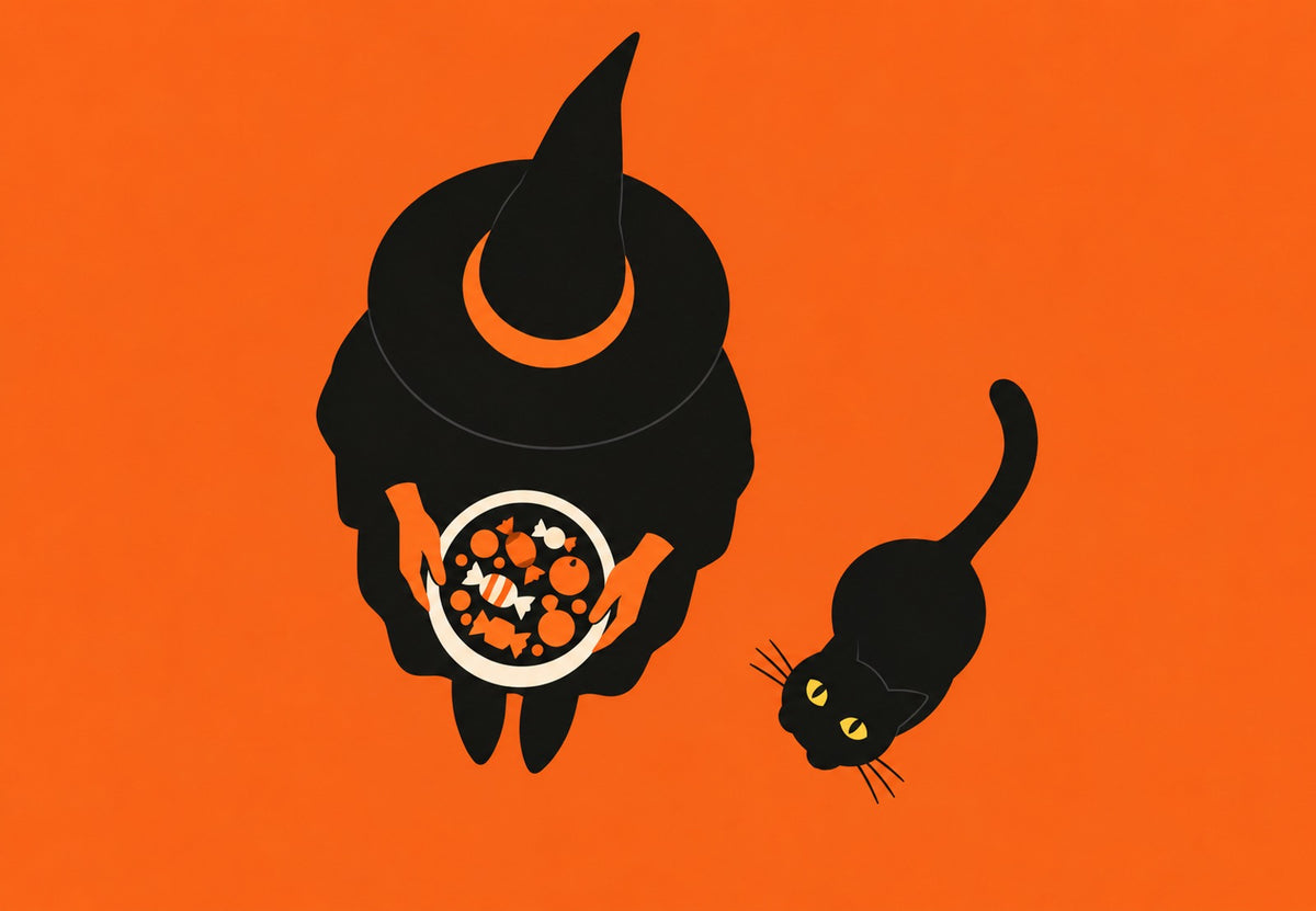 Die Hexe mit den Süßigkeiten und ihre schwarze Katze (Querformat)