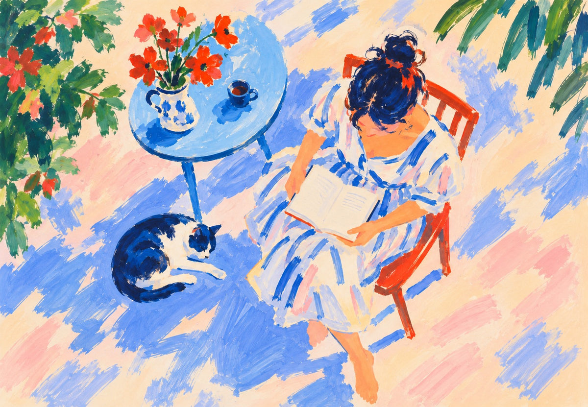 Lettura nel giardino blu (Orizzontale)