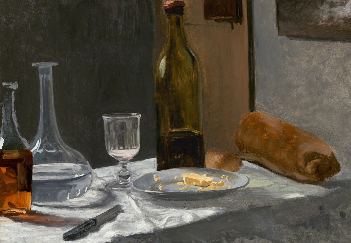 Stillleben mit Flasche, Karaffe, Brot und Wein