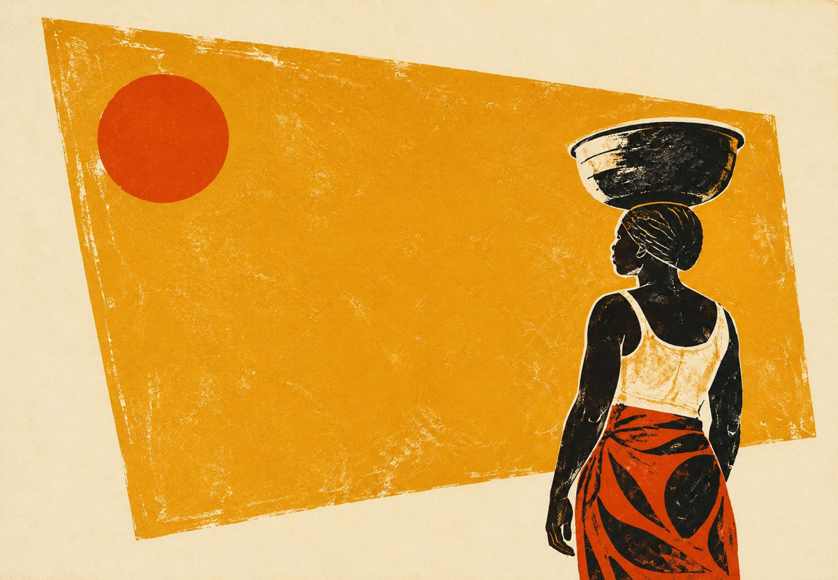 Woman Carrying a Basin Under the Sun (Landscape)