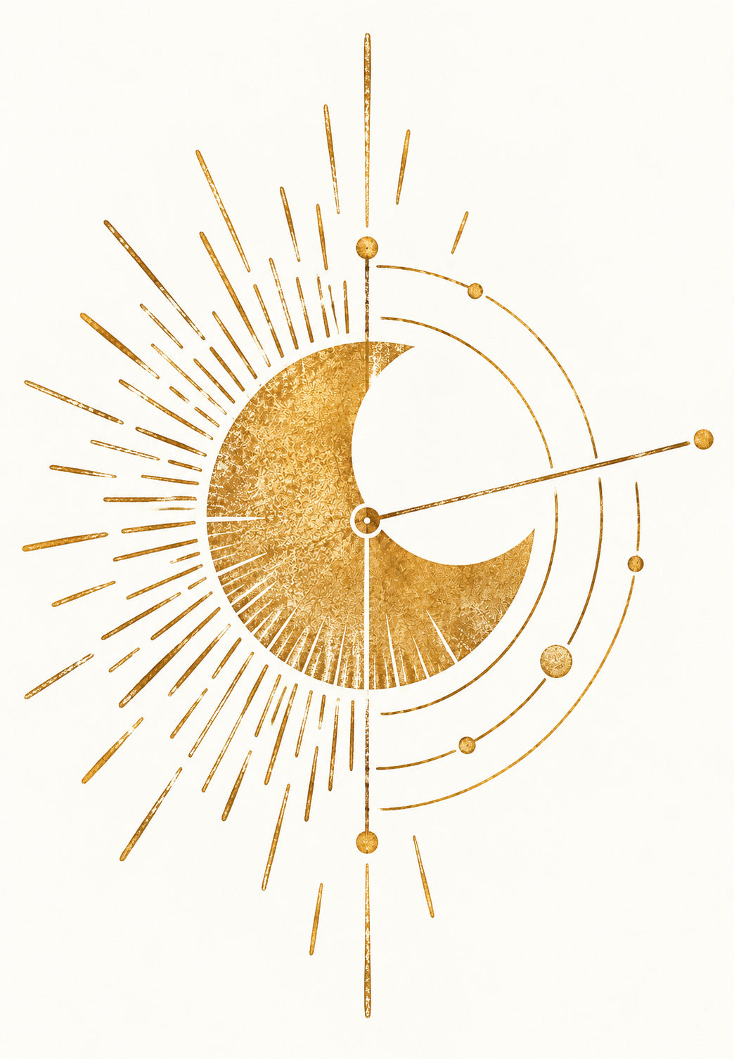 Soleil et croissant de lune en orbite dorée