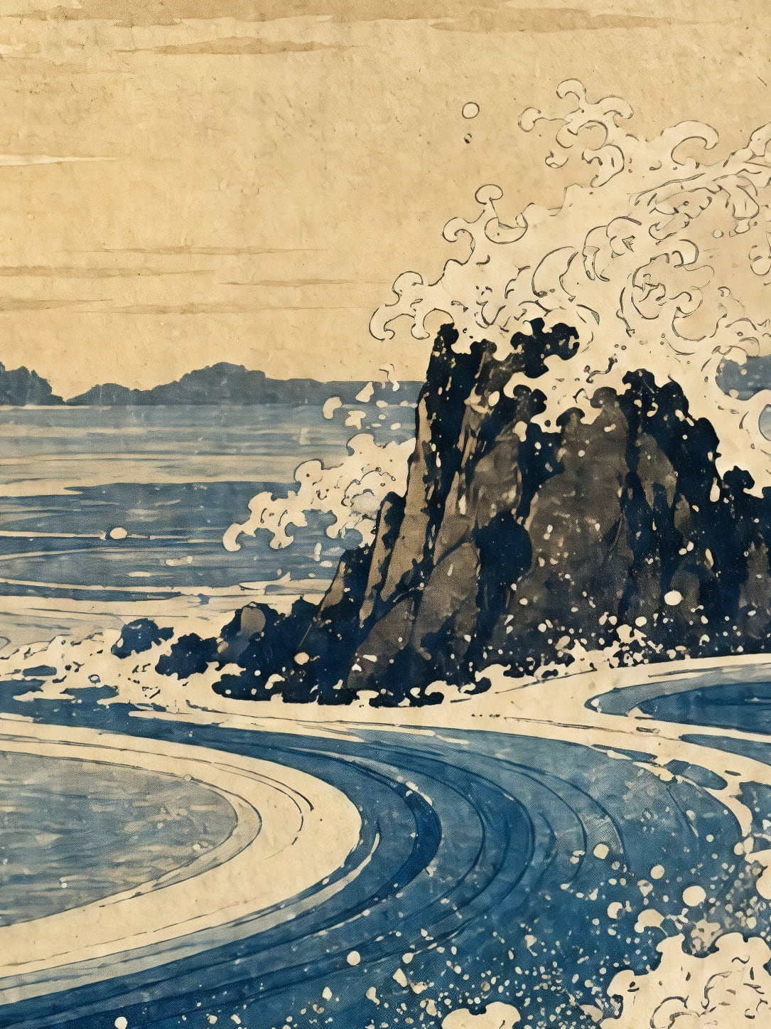 Detail a taille reelle du tirage, affiche art vagues indigo entre les rochers