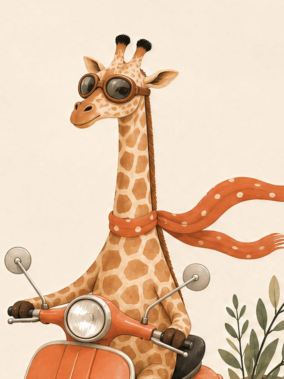 Detail a taille reelle du tirage, affiche bebes animaux girafe en scooter orange paysage