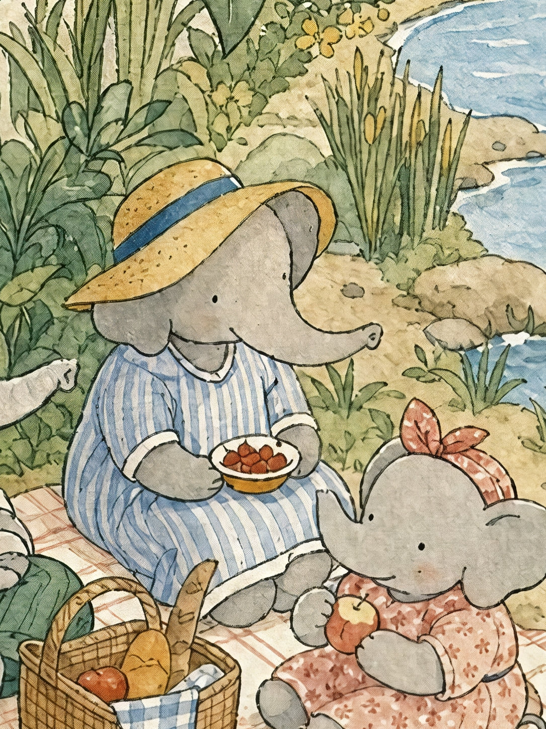 Detail a taille reelle du tirage, affiche bebes animaux pique nique famille elephants