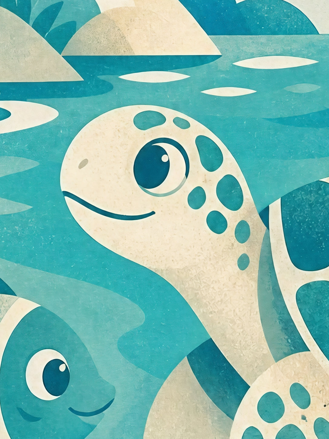 Detail a taille reelle du tirage, affiche bebes animaux tortue marine et village bleu