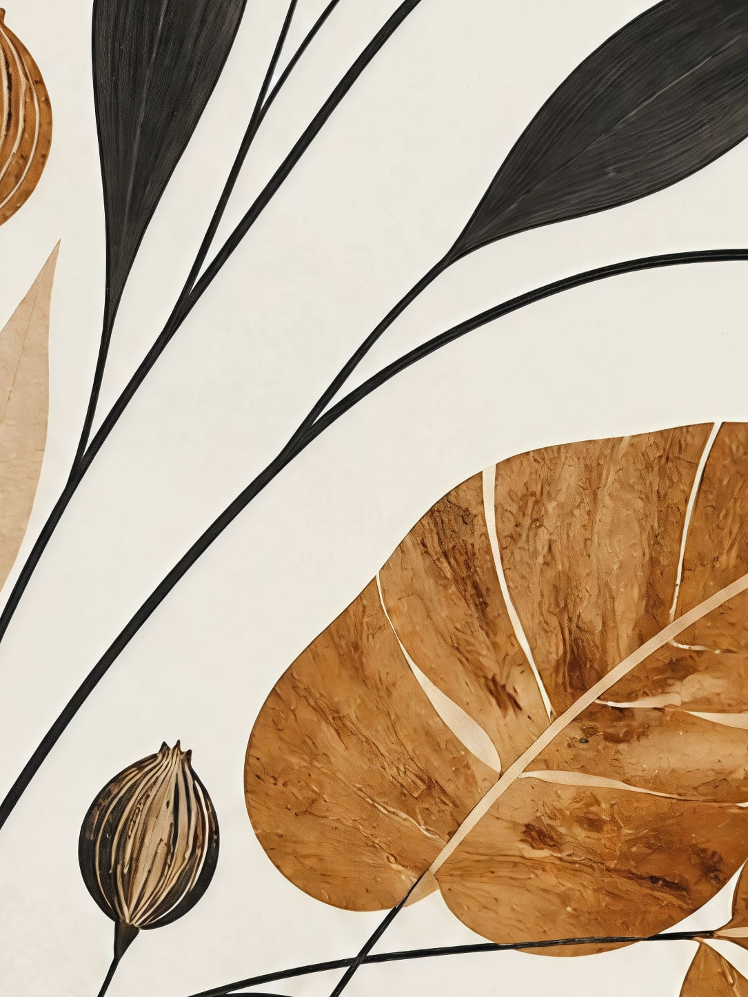 Detail a taille reelle du tirage, affiche botanique feuilles dor et lune croissant