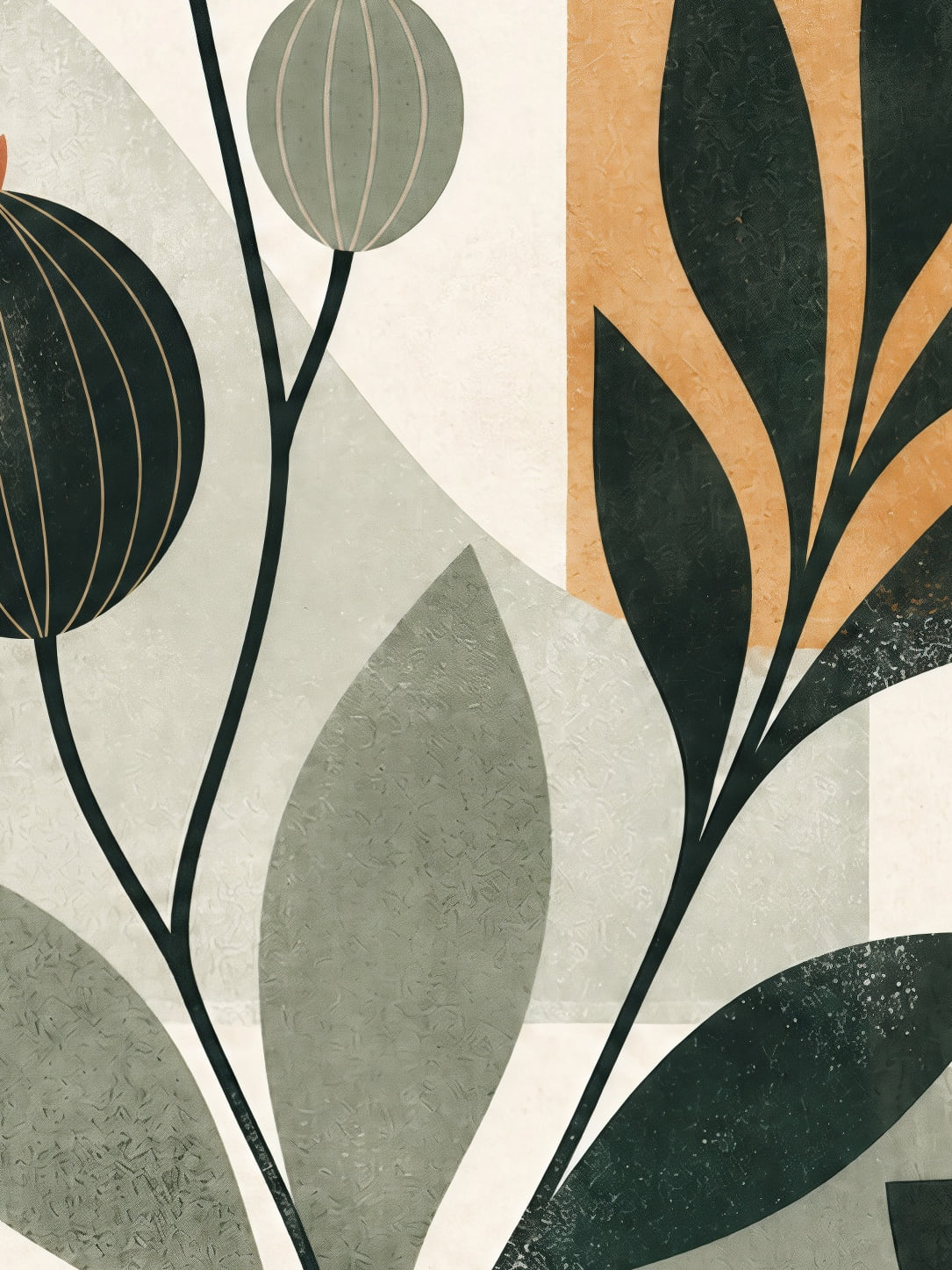 Detail a taille reelle du tirage, affiche botanique tiges et capsules sur ocre paysage