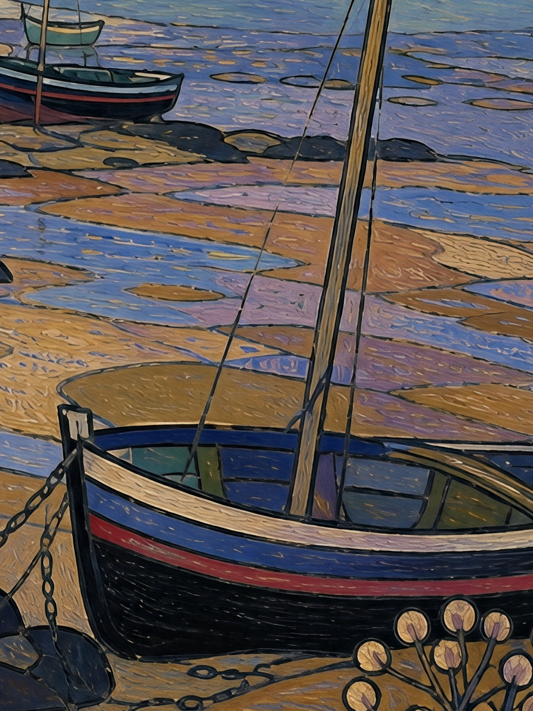 Detail a taille reelle du tirage, affiche bretagne baie aux barques colorees