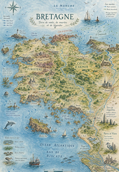 Bretagne - Illustrierte Karte der bretonischen Halbinsel