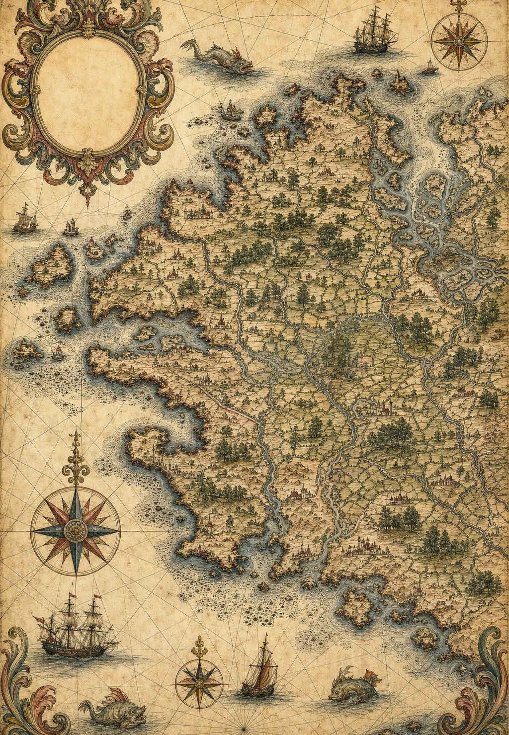 Bretagne - Antike Seekarte mit Schiffen