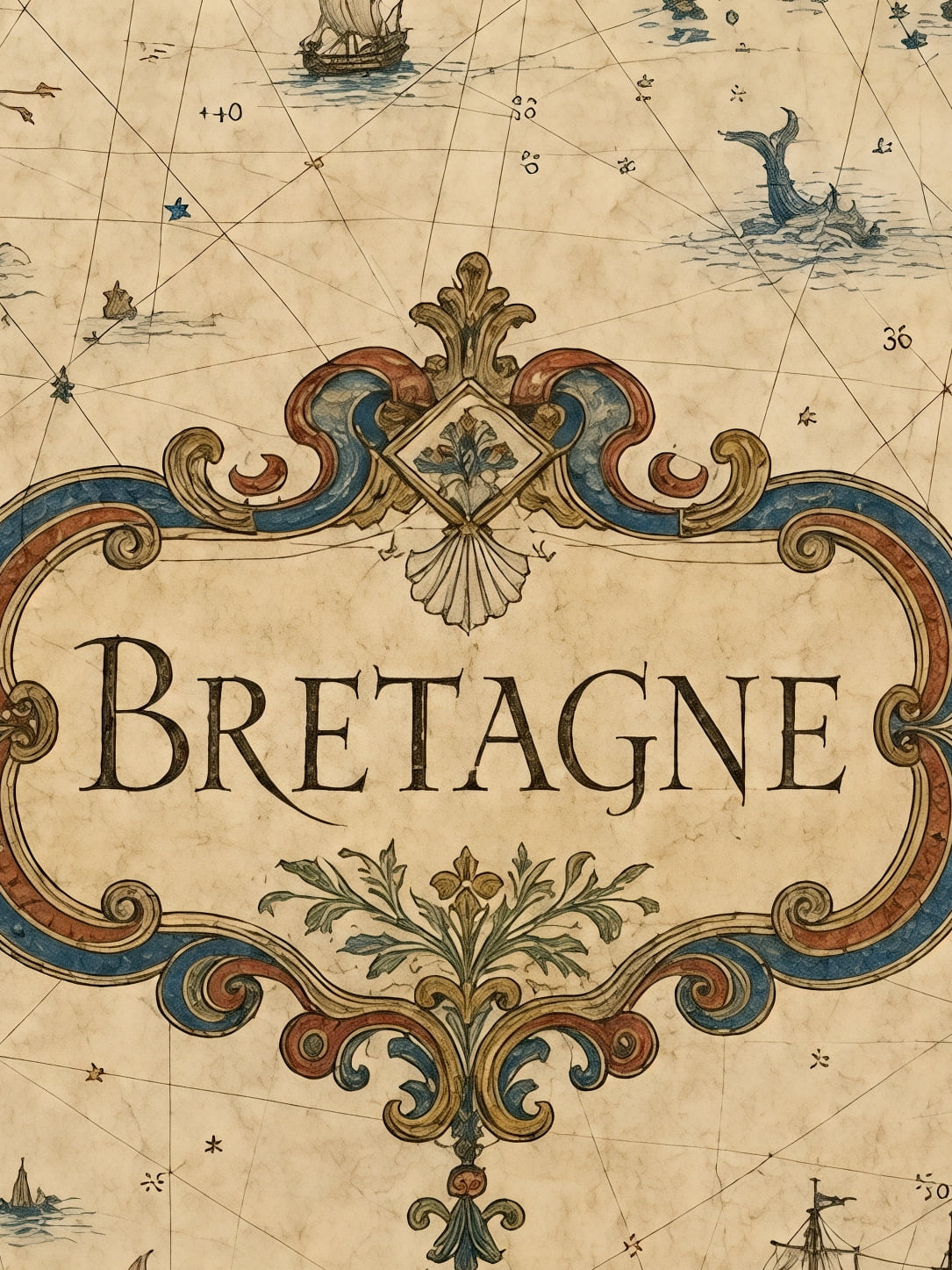 Detail a taille reelle du tirage, affiche bretagne carte marine ancienne