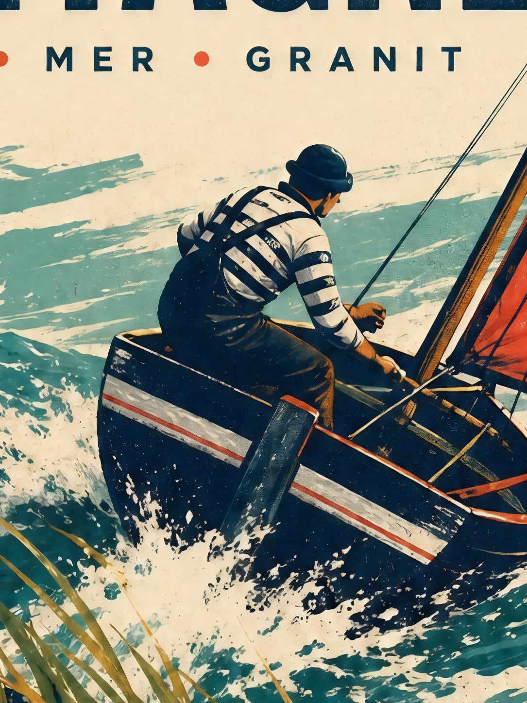 Detail a taille reelle du tirage, affiche bretagne cycliste et voilier sur la cote de granit