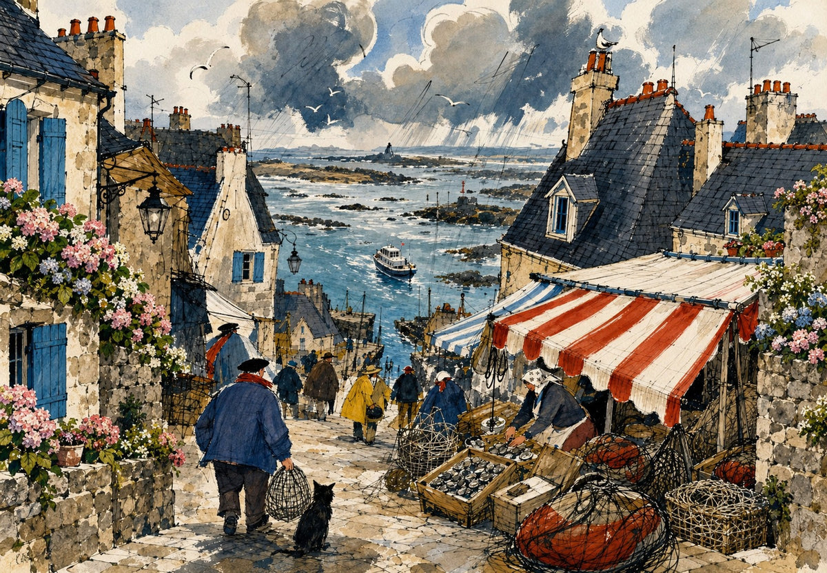 Brittany - Bustling market on the harbour (Landscape)