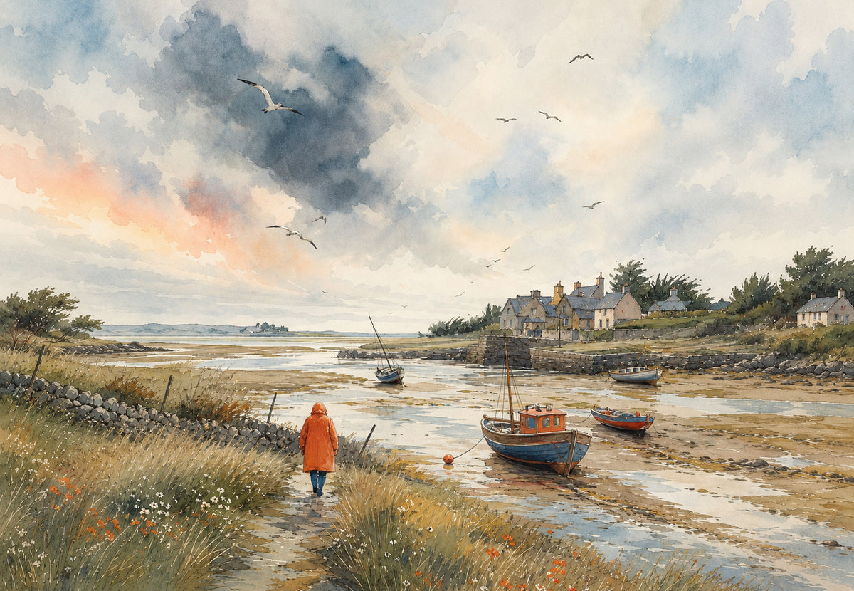 Brittany - Harbour at Low Tide in Watercolour (Landscape)